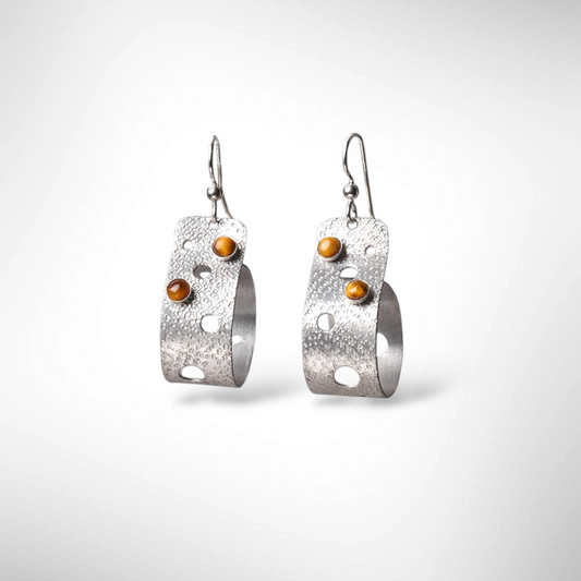 BORE Hammered Metal and Tigereye Dangle Loop Earrings