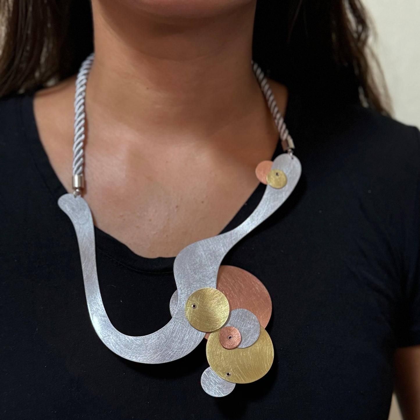 BUBBLES | FLOAT 2 Tri-Metal Bubble Necklace, Aluminum Brass Copper Statement Piece