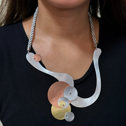 BUBBLES | FLOAT 2 Tri-Metal Bubble Necklace, Aluminum Brass Copper Statement Piece