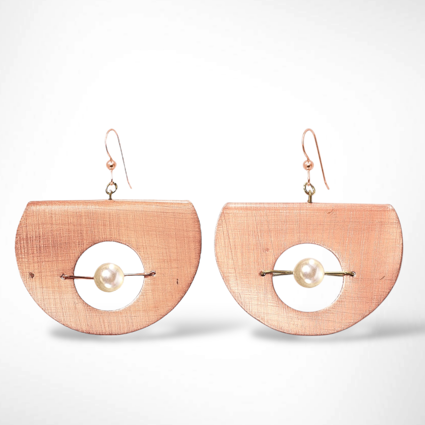 AXIS FOLD Contemporary Folded Circle Dangle Earrings with Suspended Simulated Pearl