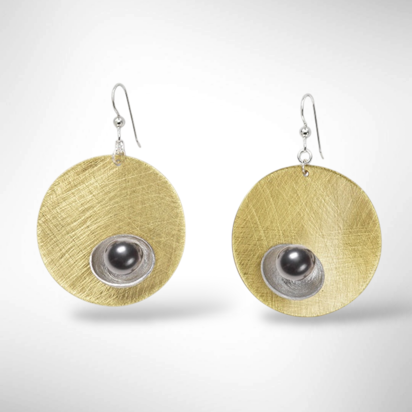 BUD Modern Round Earrings: Sculptural Brass, Aluminum, Copper - Simulated Pearl
