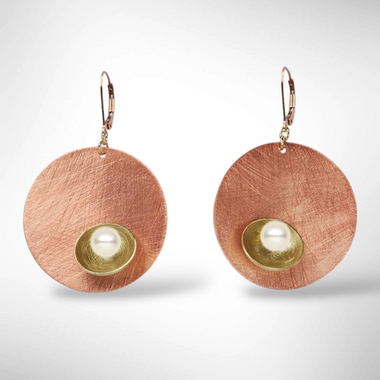 ECLECTICA | BUD Modern Round Earrings: Sculptural Brass, Aluminum, Copper - Simulated Pearl