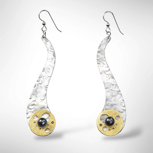 CASCADE - Long Elegant Dangling Wave insipred earrings with simulated pearl from the WATER Collection