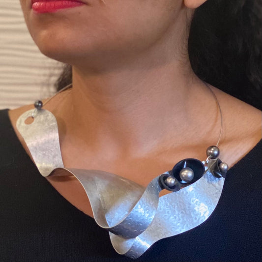 OSCILLATE 1 Sound Wave Statement Necklace, Recycled Vinyl & Aluminum Art