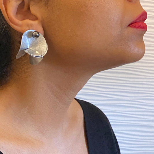 DECIBEL 2 Multi-Sided Close to the Face Lightweight Conical Post Earrings from the SOUND Collection with Simulated Pearls