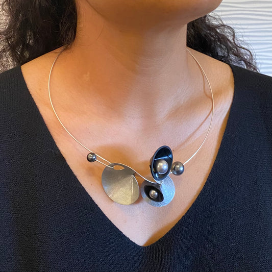 SOUND | VOLUME 3 Multi-Directional Conical Amplification Necklace with Recycled Record Vinyl and Simulated Pearls