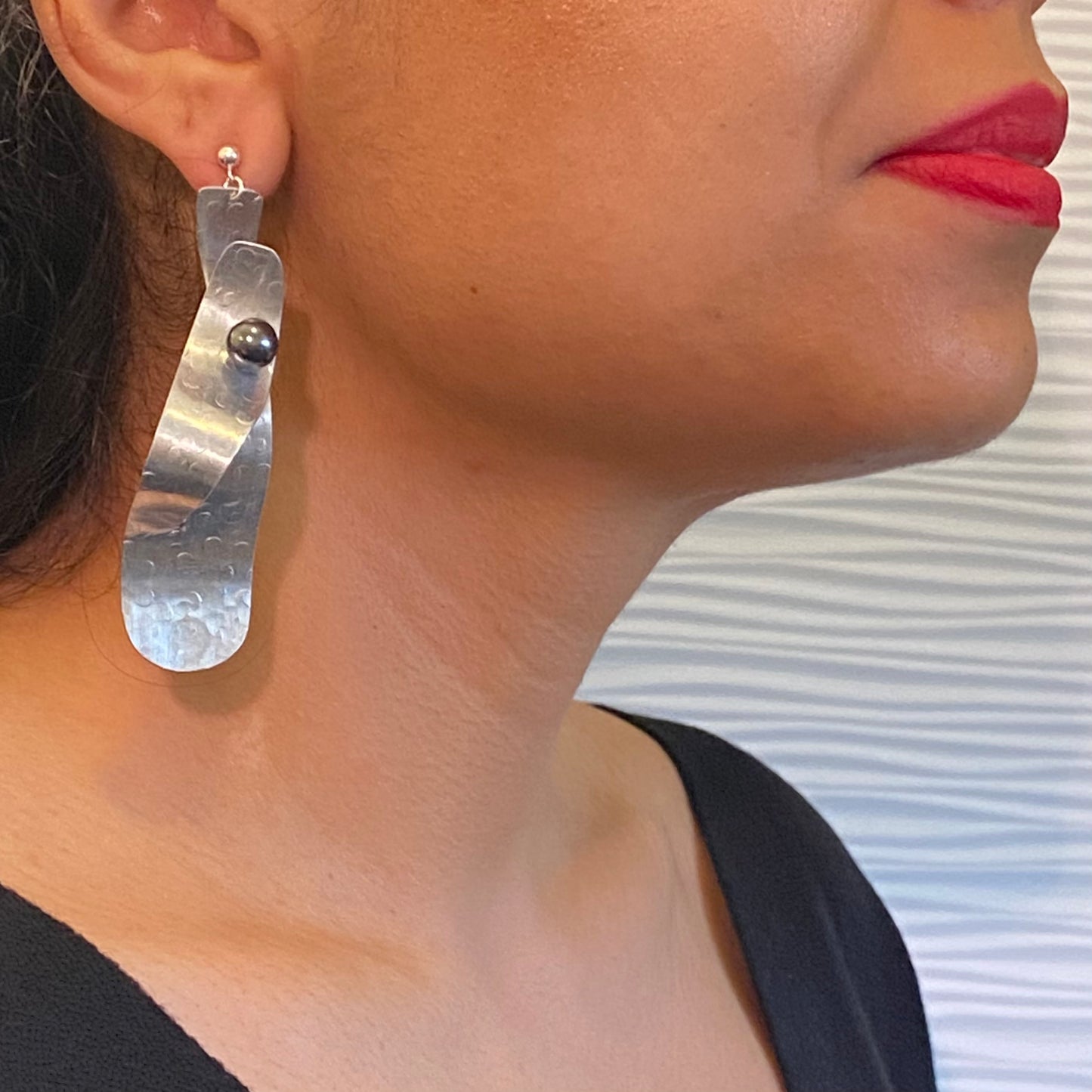 VIBE 1 Wavy Dangle Post Earrings from the SOUND Collection with Simulated Pearls