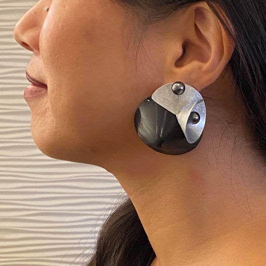 SOUND | VOLUME 1 Upcycled Vinyl Record Earrings, Aluminum, Simulated Pearl, Sterling Silver Post