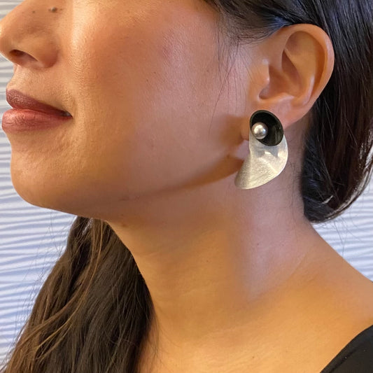 VOLUME 3 Smaller Multi-Sided Post Earrings from the SOUND Collection with Recycled Record Vinyl and Simulated Pearls