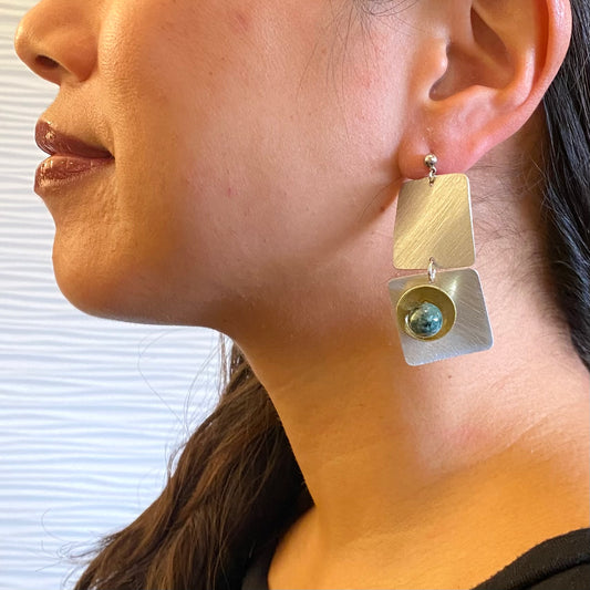 SPRAY LONG Curved Squares Mixed Metal Post Earrings