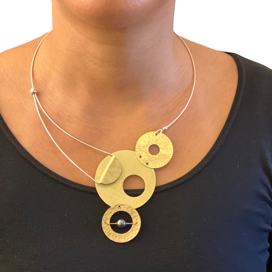 AXIS 3 Medium Sized Artistic Metal Statement Necklace with Front Closure from the LIMINAL Collection with Simulated Pearl or Jade option