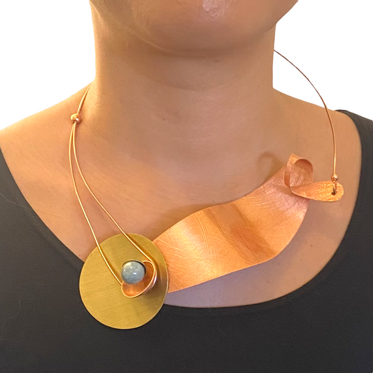 WIND Wavy Sculptural Metal Statement Necklace with Jade