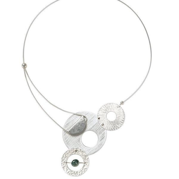 AXIS 3 Medium Sized Artistic Metal Statement Necklace with Front Closure from the SCULPTURAL Collection with Simulated Pearl or Jade option