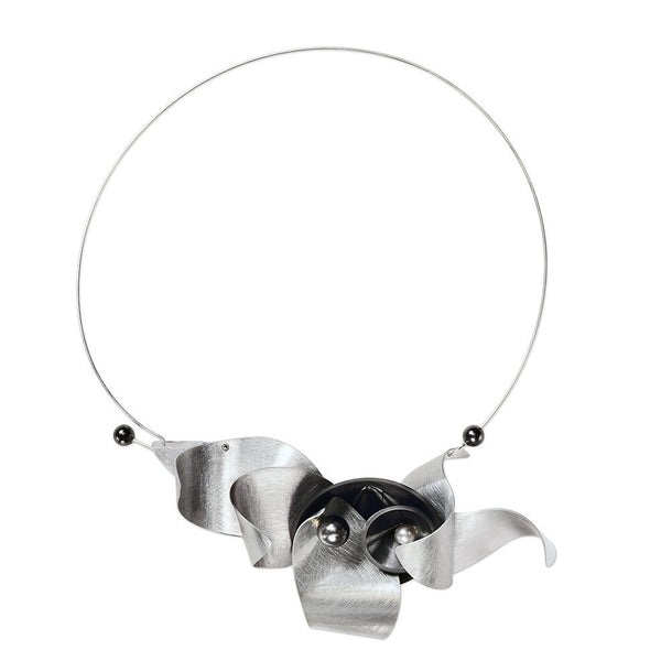 PULSE 1 Feel the Pulsating Sound Waves in this Bold Contemporary Necklace from the SOUND Collection with Recycled Record Vinyl and Simulated Pearls