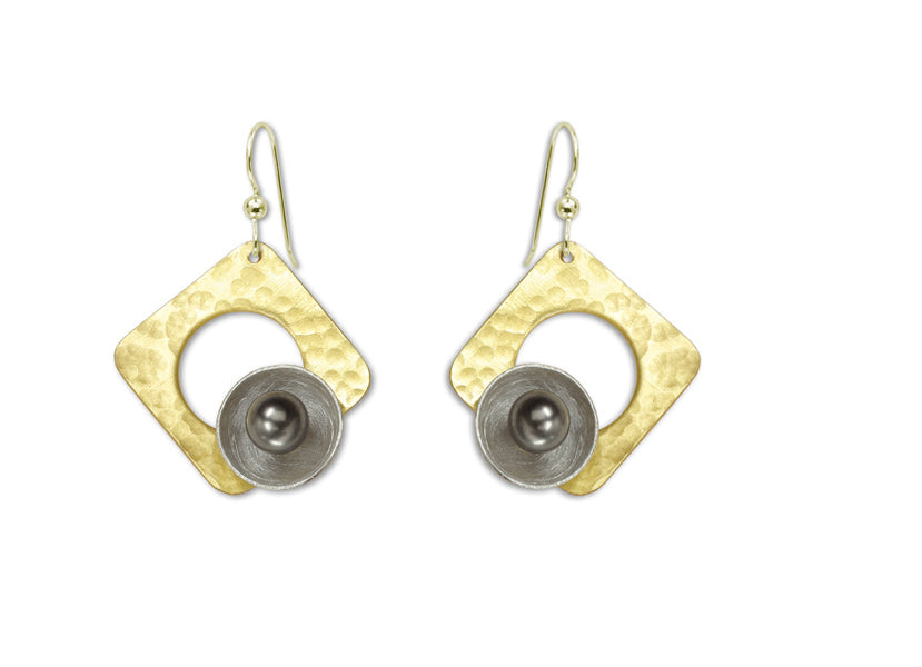 GROW Angular Sculptural Dangle Earrings: Hammered Metal Simulated Pearl