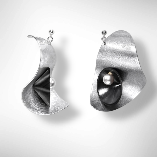 PULSE 1 Large Undulating Aluminum Post Earrings from the SOUND Collection with Recycled Record Vinyl and Simulated Pearls