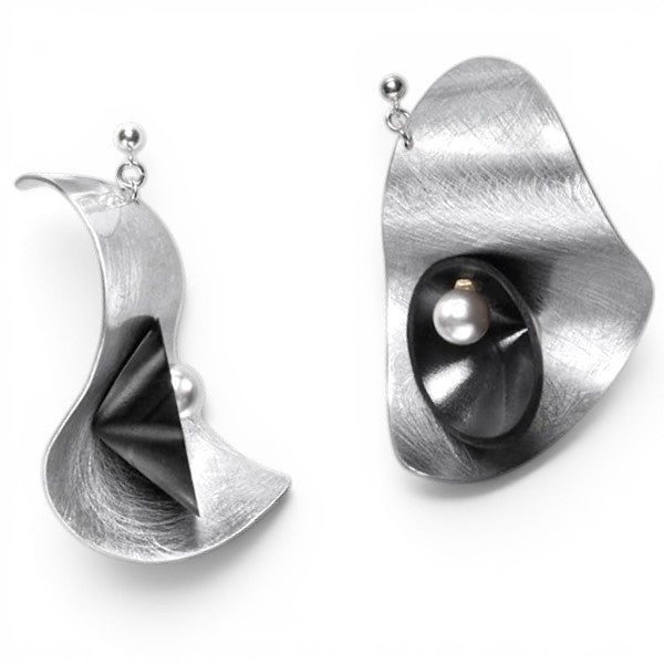 PULSE 1 Large Undulating Aluminum Post Earrings from the SOUND Collection with Recycled Record Vinyl and Simulated Pearls