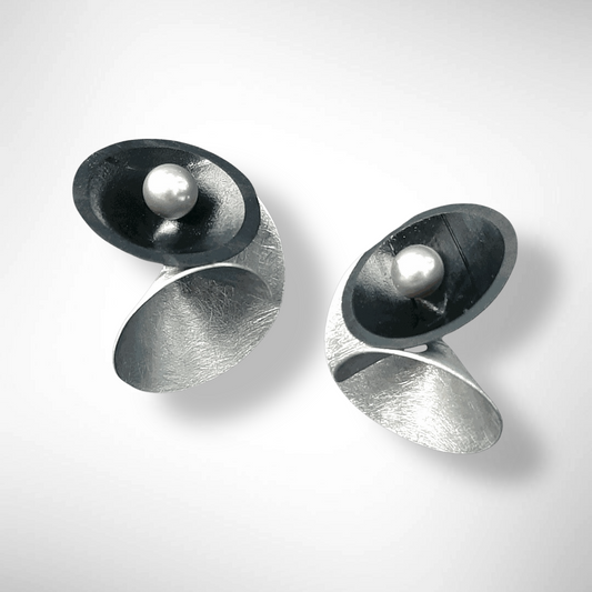 VOLUME 2 Medium Sized Multi-Sided Post Earrings from the SOUND Collection with Recycled Record Vinyl and Simulated Pearls