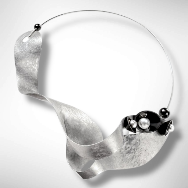 OSCILLATE 1 Sound Waves are Amplified with this striking wearable art Necklace from the SOUND Collection with Recycled Record Vinyl and Simulated Pearls