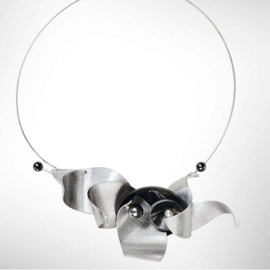PULSE 1 Contemporary Aluminum Statement Necklace, Recycled Vinyl & Simulated Pearls