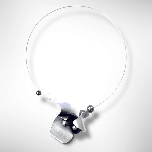 PULSE 2 A Smaller Centerpiece Necklace from the SOUND Collection with Recycled Record Vinyl and Simulated Pearls