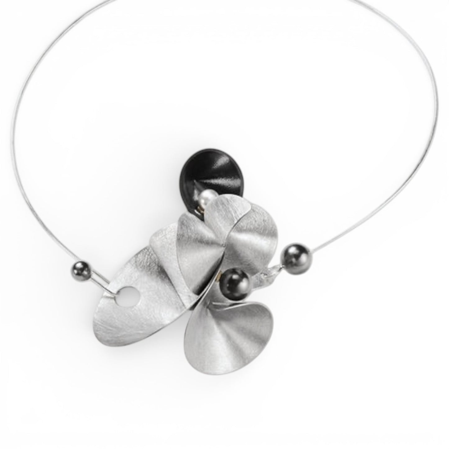 VOLUME 1 3-D Pendant Style Focal Necklace from the SOUND Collection with Recycled Record Vinyl and Simulated Pearls