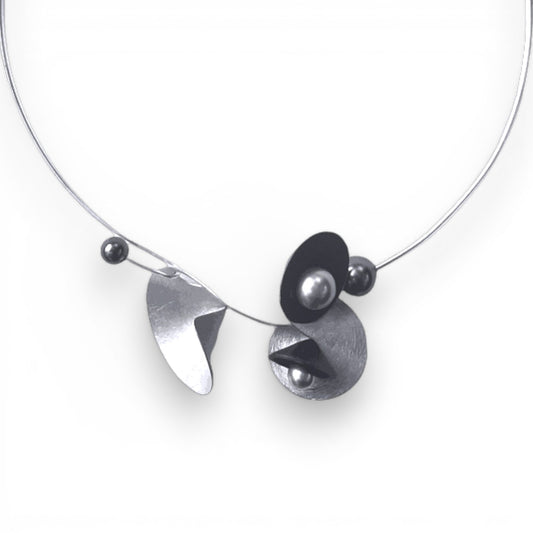 SOUND | VOLUME 3 Multi-Directional Conical Amplification Necklace with Recycled Record Vinyl and Simulated Pearls