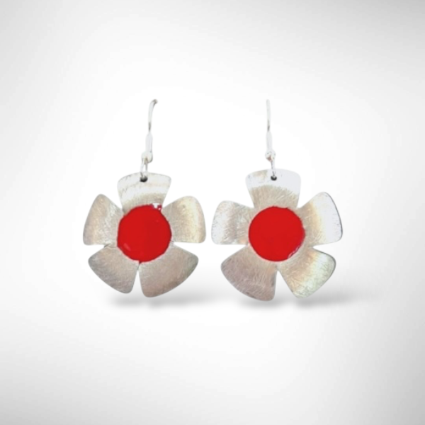 POPPY 1 Five Petal Aluminum Earrings with Red Center