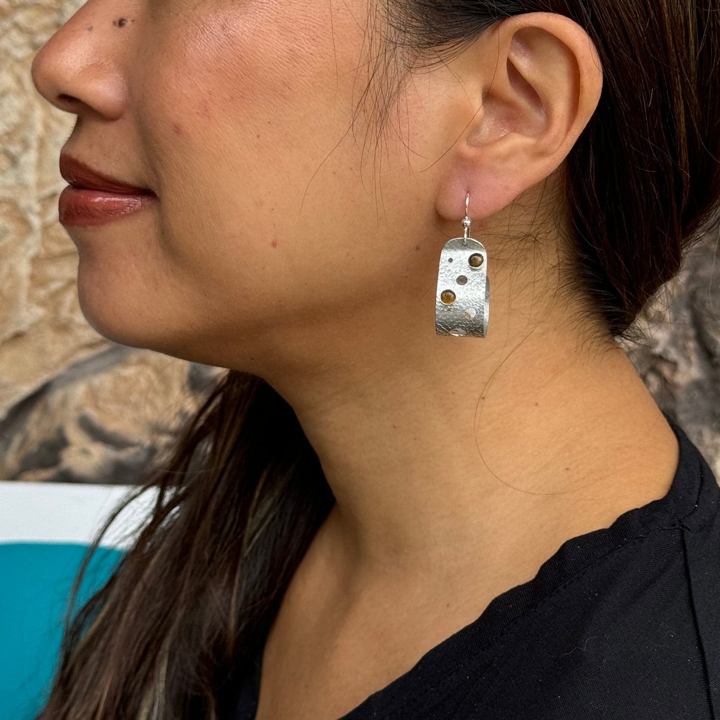 BORE Hammered Metal and Tigereye Dangle Loop Earrings