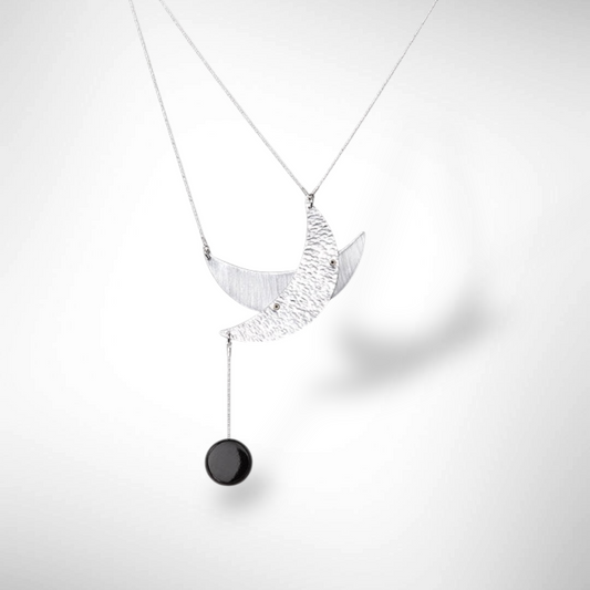 CRESCENT MOON Delicate lightweight asymmetrical Necklace with Onyx from the Lunar Collection