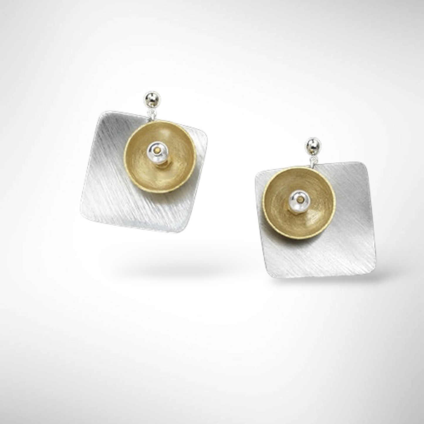 SPRAY Striking Curved Square Mixed Metal Post Earrings with Metal and Accent Bead Options from the SCULPTURAL Collection