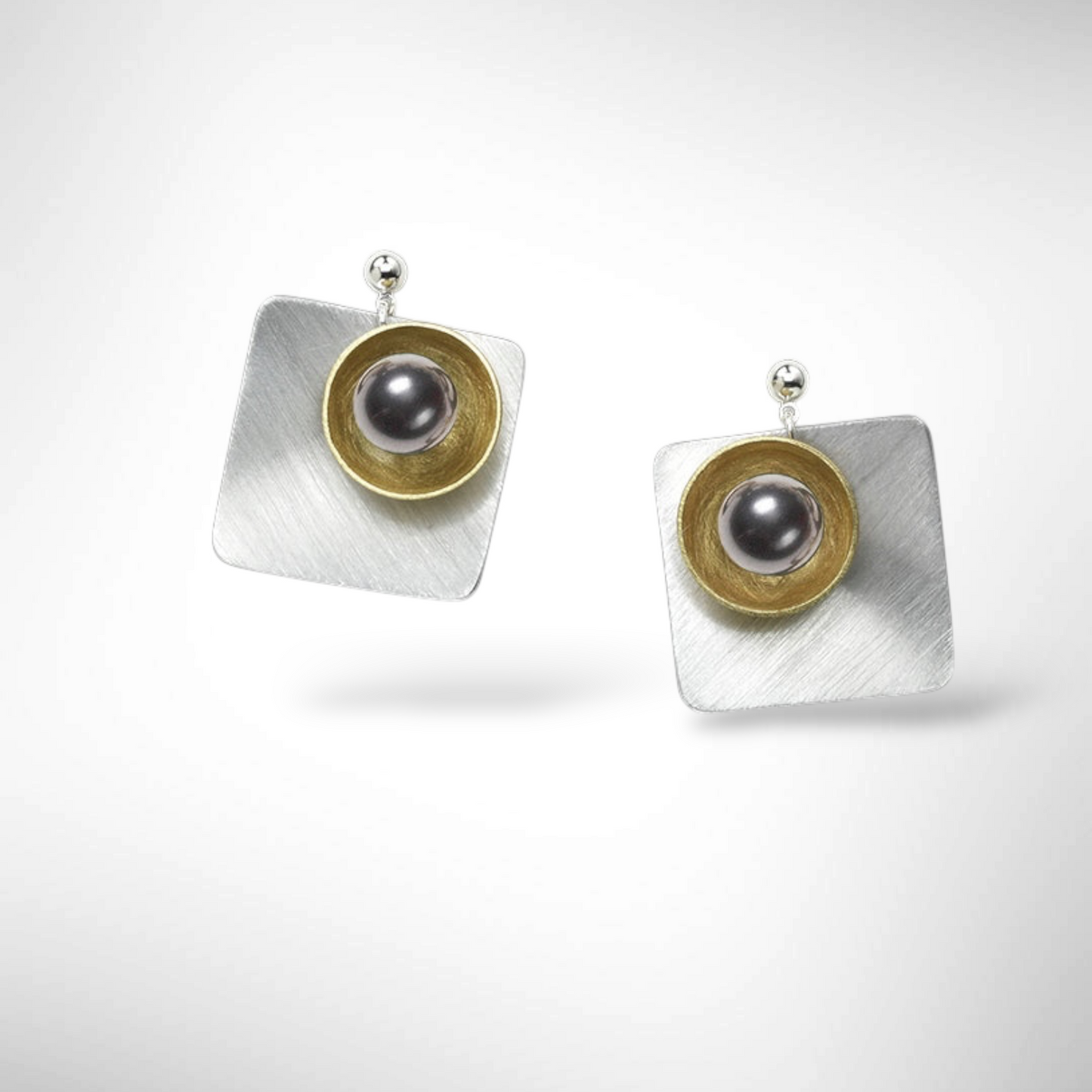 SPRAY Striking Curved Square Mixed Metal Post Earrings with Metal and Accent Bead Options from the SCULPTURAL Collection