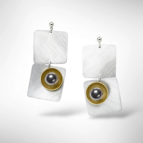 SPRAY LONG Curved Squares Mixed Metal Post Earrings