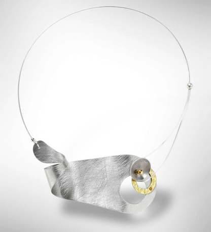 BRUSH Wavy Artistic Metal Statement Necklace with Front Closure from the SCULPTURAL Collection with Simulated Pearl or Jade option