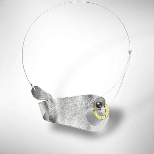 BRUSH Wavy Artistic Metal Statement Necklace with Front Closure from the SCULPTURAL Collection with Simulated Pearl or Jade option