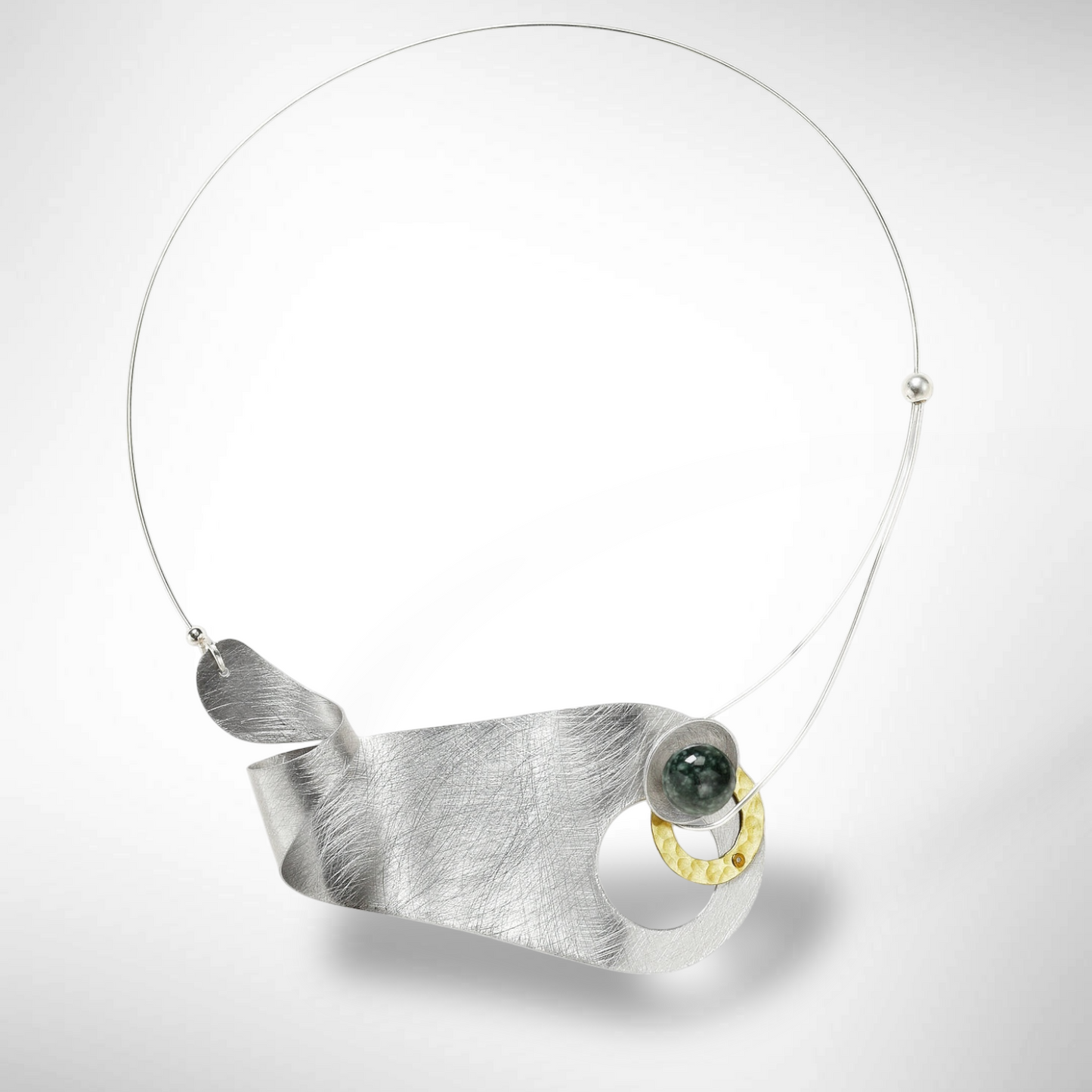 BRUSH Wavy Artistic Metal Statement Necklace with Front Closure from the SCULPTURAL Collection with Simulated Pearl or Jade option