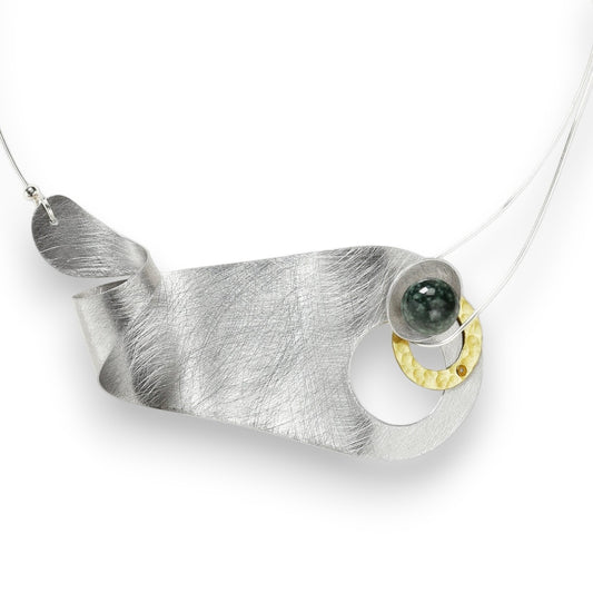 BRUSH Wavy Metal Statement Necklace Front Closure with Jade