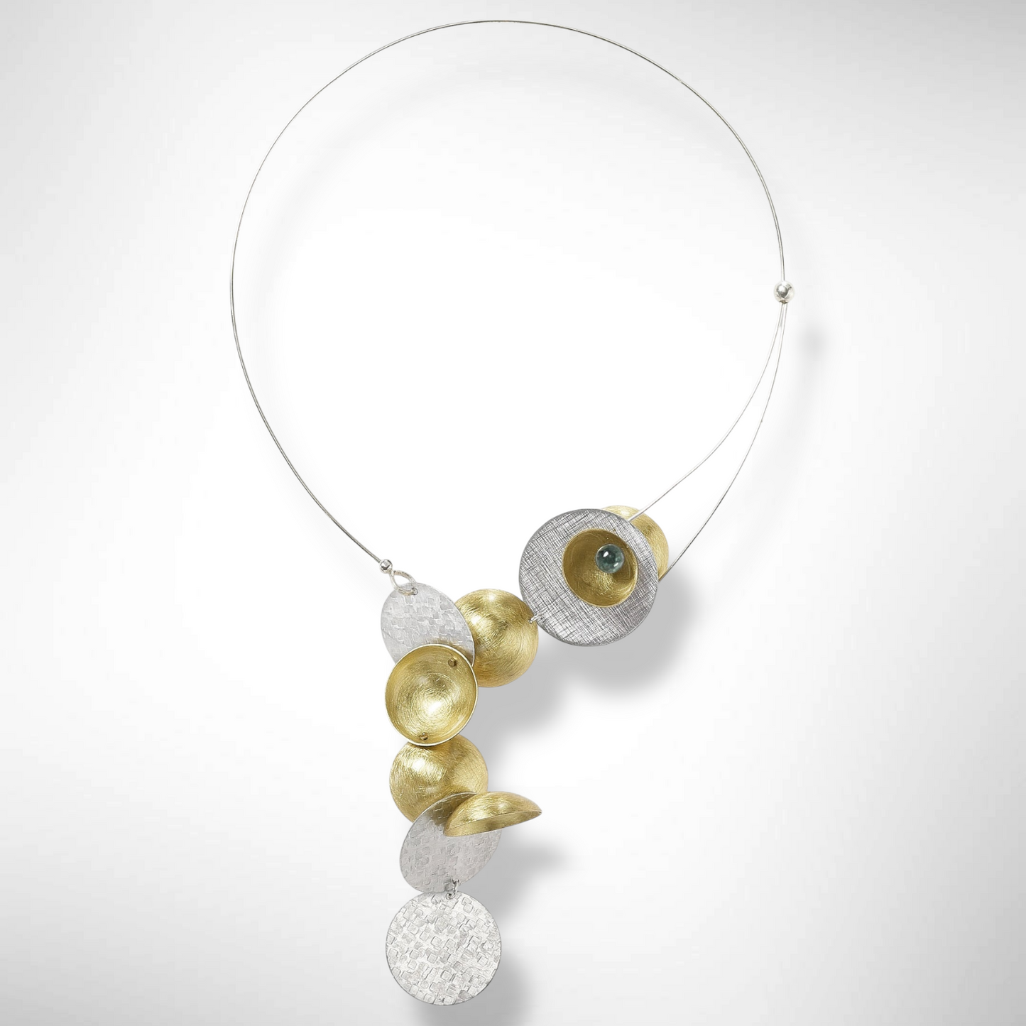 CLOUD Asymmetrical Dangling Mixed Metal Statement Necklace with Front Closure from the SCULPTURAL Collection with Simulated Pearl or Jade option
