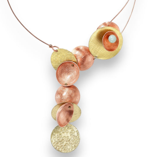 CLOUD Asymmetrical Dangling Mixed Metal Statement Necklace with Front Closure and Jade