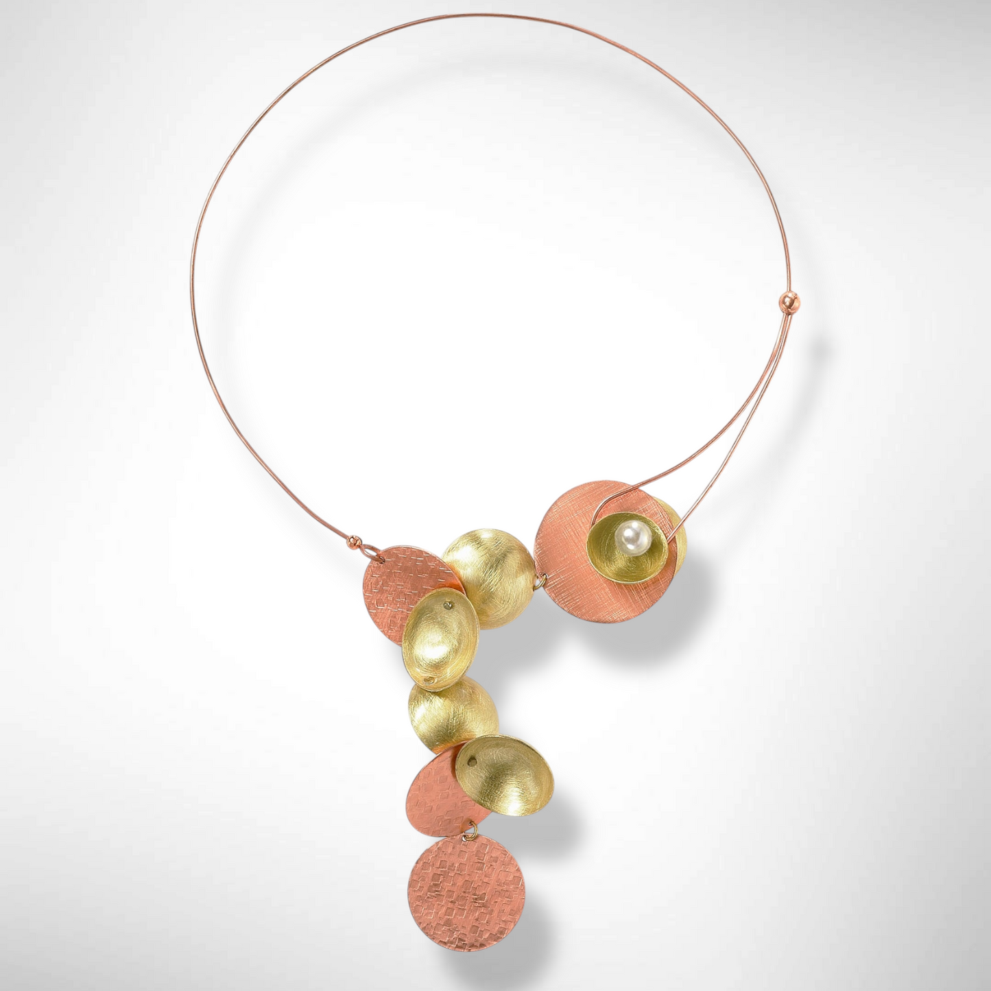 CLOUD Asymmetrical Dangling Mixed Metal Statement Necklace with Front Closure from the SCULPTURAL Collection with Simulated Pearl or Jade option