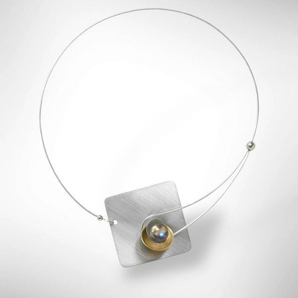 DAWN Best Selling Small Angular Metal Necklace from the SCULPTURAL Collection with Simulated Pearl or Jade option