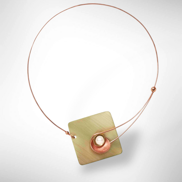 DAWN Best Selling Small Angular Metal Necklace from the SCULPTURAL Collection with Simulated Pearl or Jade option