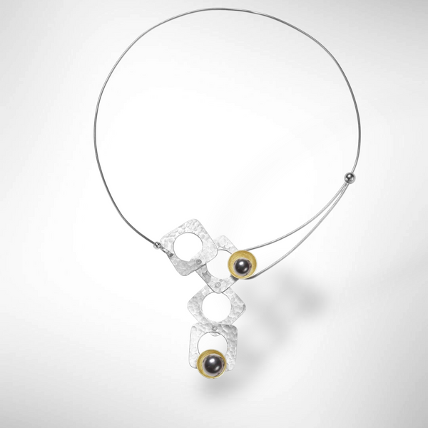 GROW Small Cubic Mixed Metal Necklace from the SCULPTURAL Collection with Simulated Pearl or Jade option