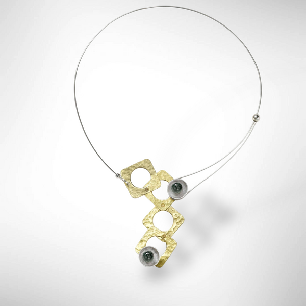 GROW Small Cubic Mixed Metal Necklace from the SCULPTURAL Collection with Simulated Pearl or Jade option