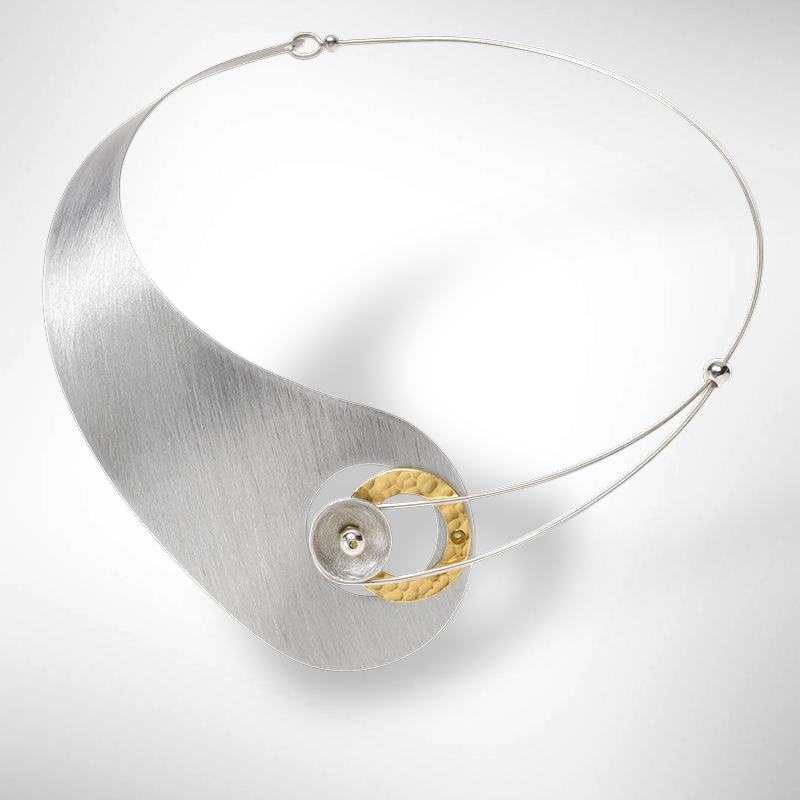 MOON Truly Asymmetrical Elegant Metal Collar Necklace-Front Closure and Simulated Pearl and Jade Accent Bead Options