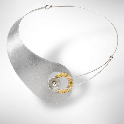 MOON Truly Asymmetrical Elegant Metal Collar Necklace-Front Closure and Simulated Pearl and Jade Accent Bead Options