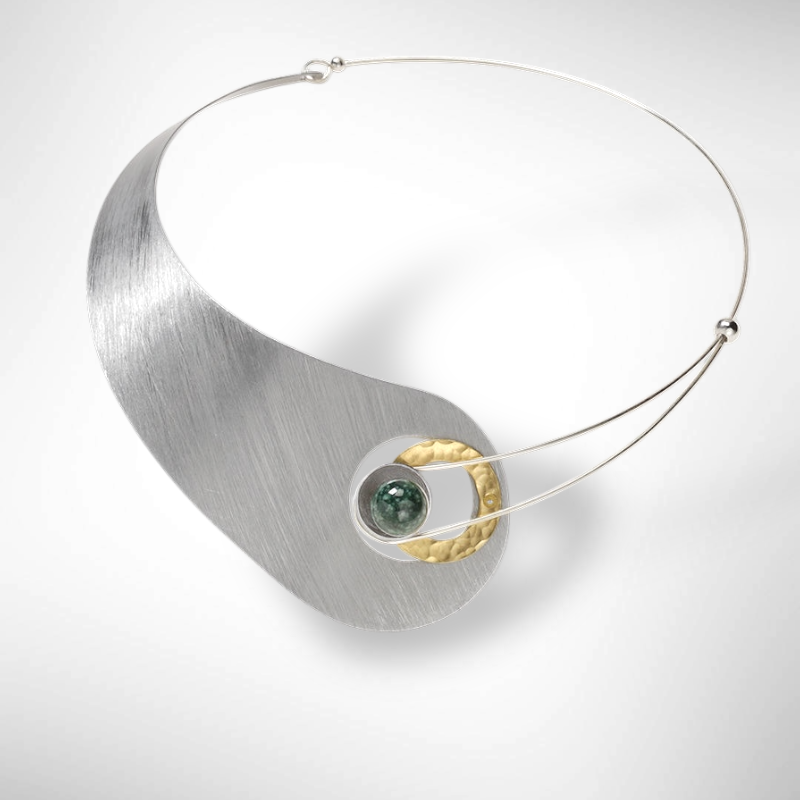 MOON Truly Asymmetrical Elegant Metal Collar Necklace-Front Closure and Simulated Pearl and Jade Accent Bead Options