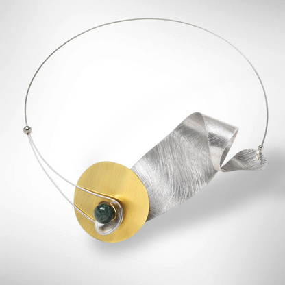 WIND Wavy Sculptural Metal Statement Necklace with Jade