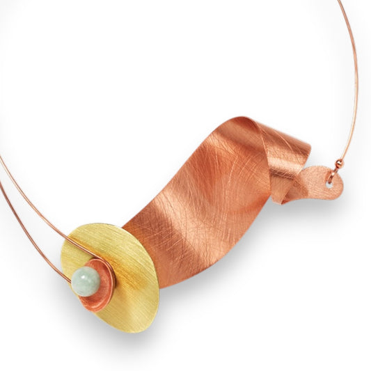 WIND Wavy Sculptural Metal Statement Necklace with Jade