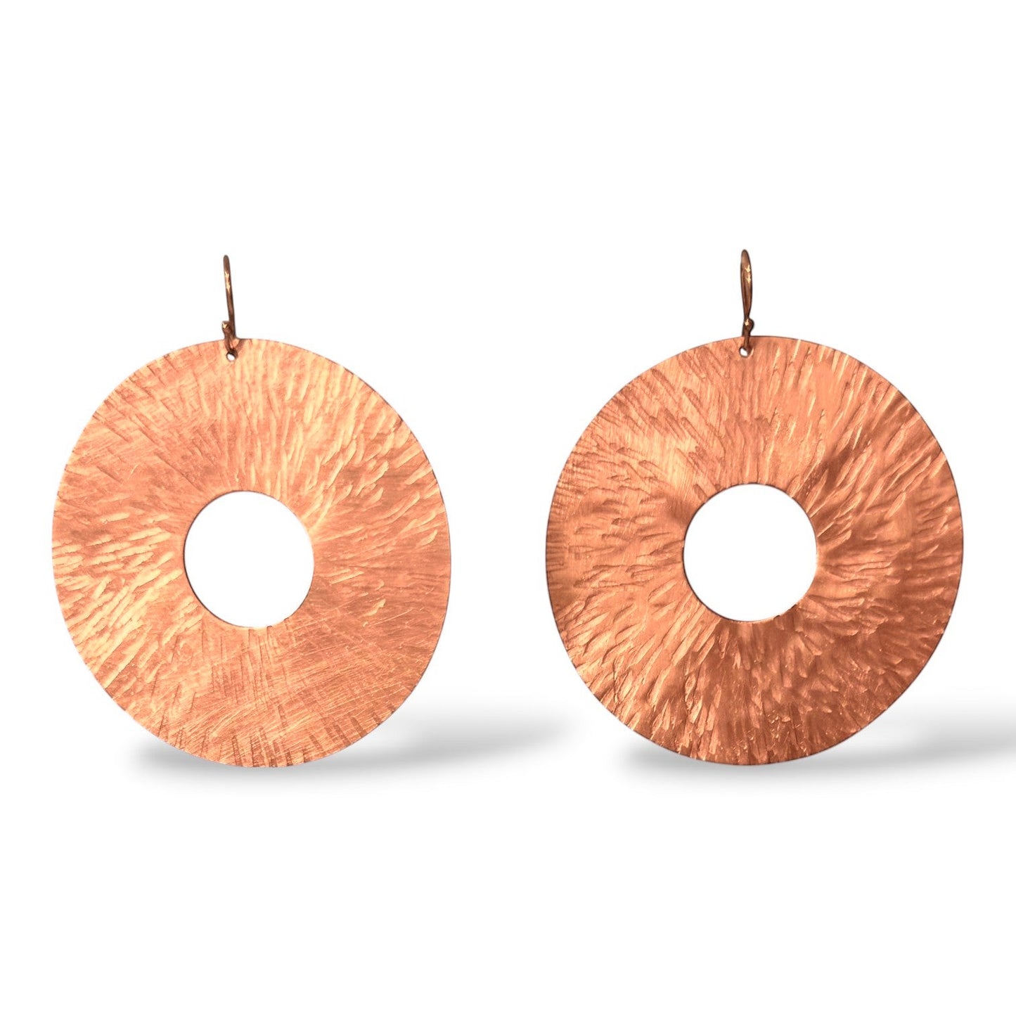 Chick Boss BURST LARGE Dramatic Disc Earrings in rose gold fill with hammered texture. 2" diameter.